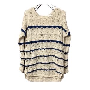 Women’s Large Loose Knit Ivory & Navy Blue Striped Long Sleeve Sweater